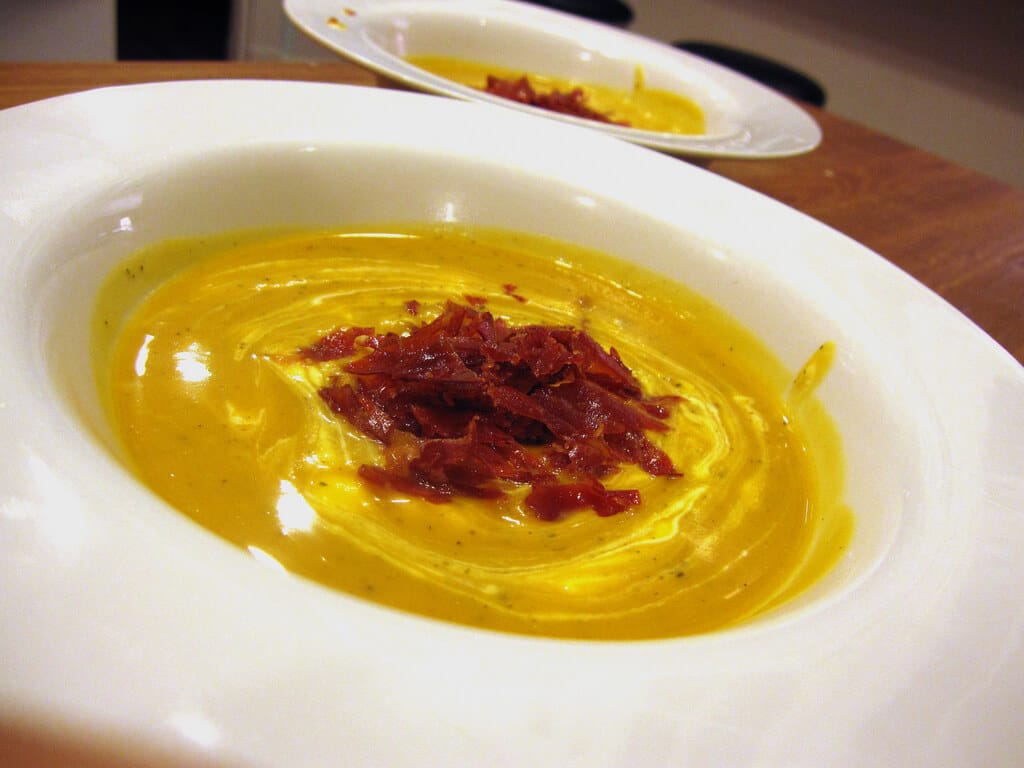 Butternut Squash Soup with Pancetta and Tomatoes